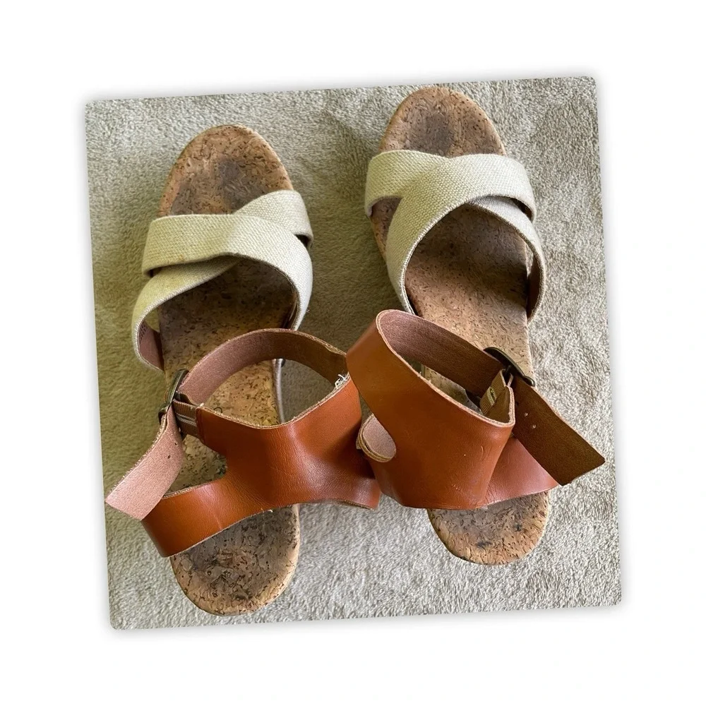 Lucky Brand Marla Cork Wedge Sandals Beige Tan Shoes Elastic Back Size 9.5Medium